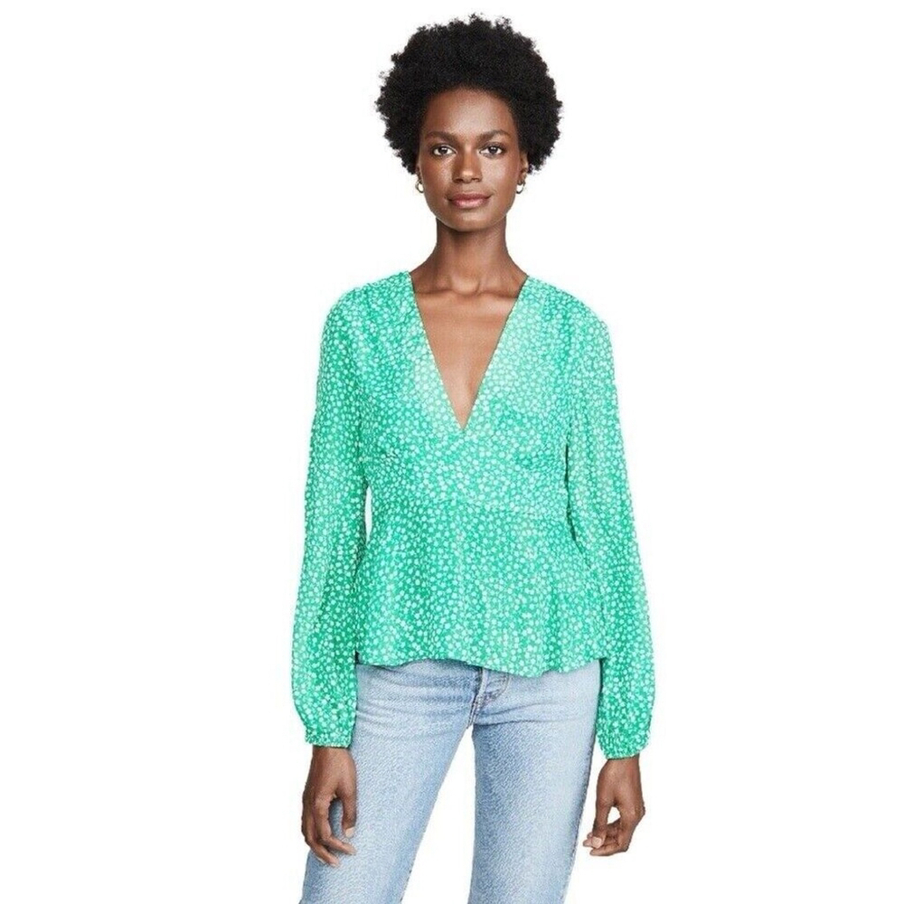 Rixo Womens Blouse Kikki Green Silk Blend Floral Blouse Flutter Sleeve Sz. XS